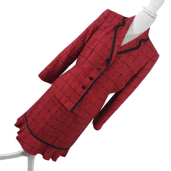 LE SUIT! TWEEDY RED, BLACK, WHITE PLAID RUFFLED SKIRT 2 PC SUIT SET! SZ 14P - Picture 1 of 12